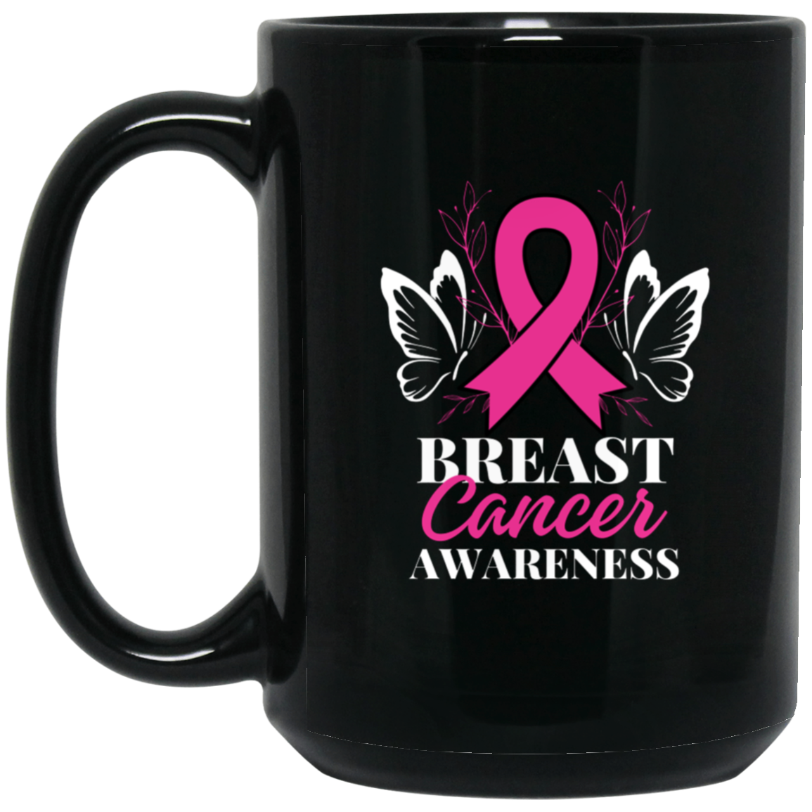 Breast Cancer Awareness Mug w-Butterflies  15 oz. Black Mug