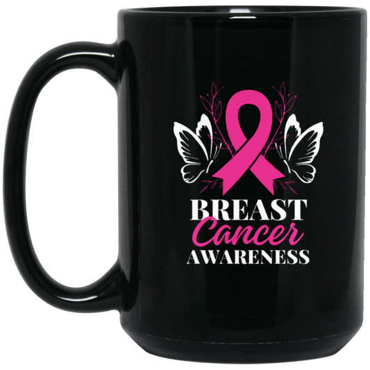 Breast Cancer Awareness Mug w-Butterflies  15 oz. Black Mug